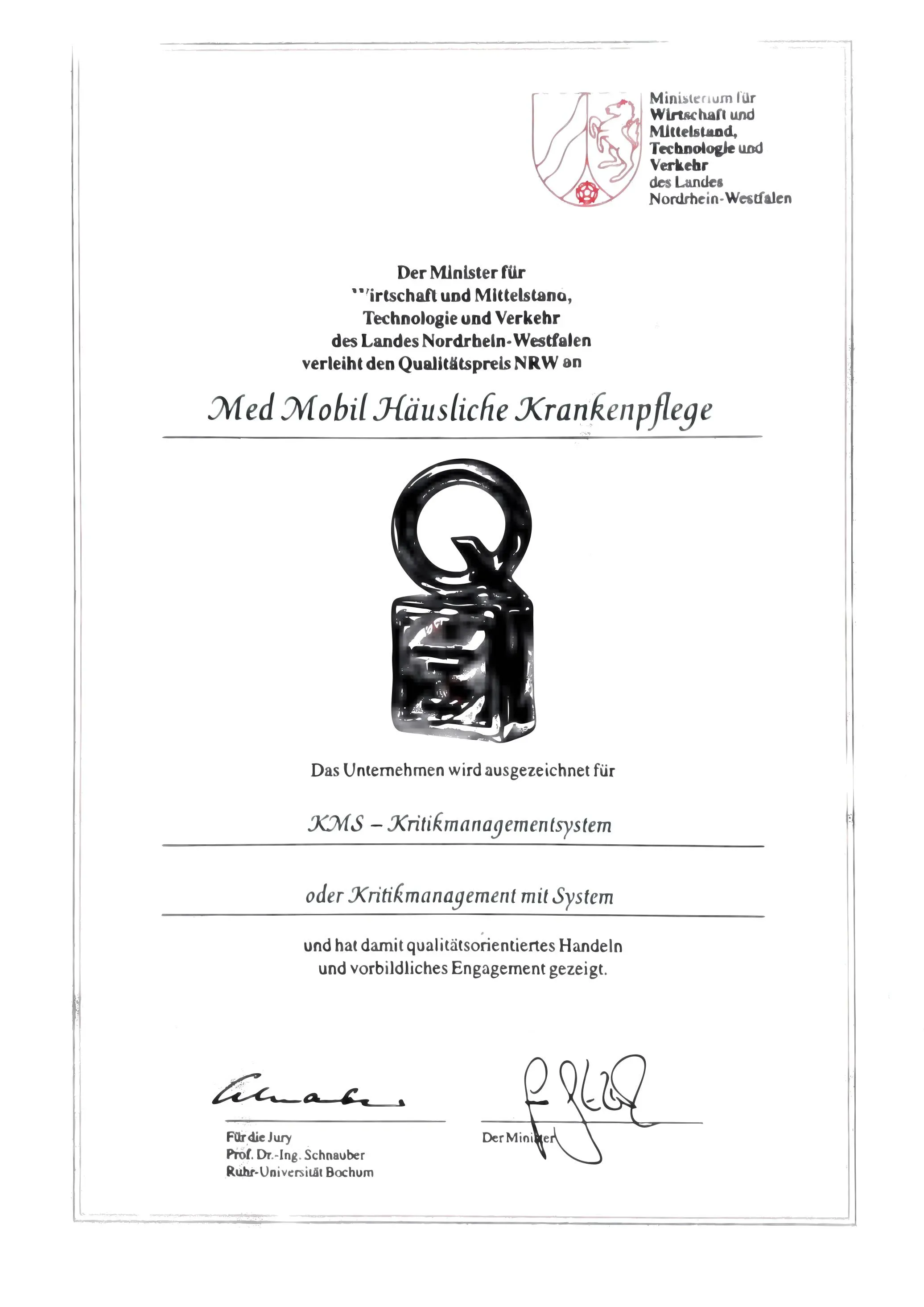 Qualitätspreis NRW Auszeichnung für Med Mobil